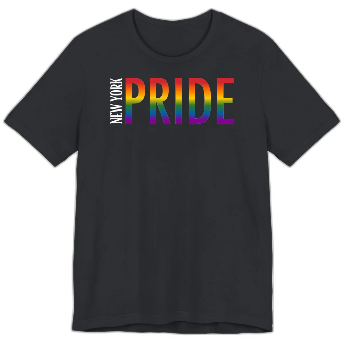 Pride rainbow gradient text design with bold letters transitioning through red, orange, yellow, green, blue, and purple spectrum colors in Vintage Black