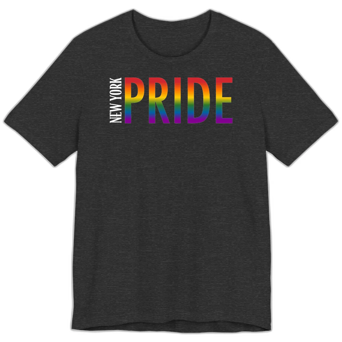 Pride rainbow gradient text design with bold letters transitioning through red, orange, yellow, green, blue, and purple spectrum colors in Dark Grey Heather