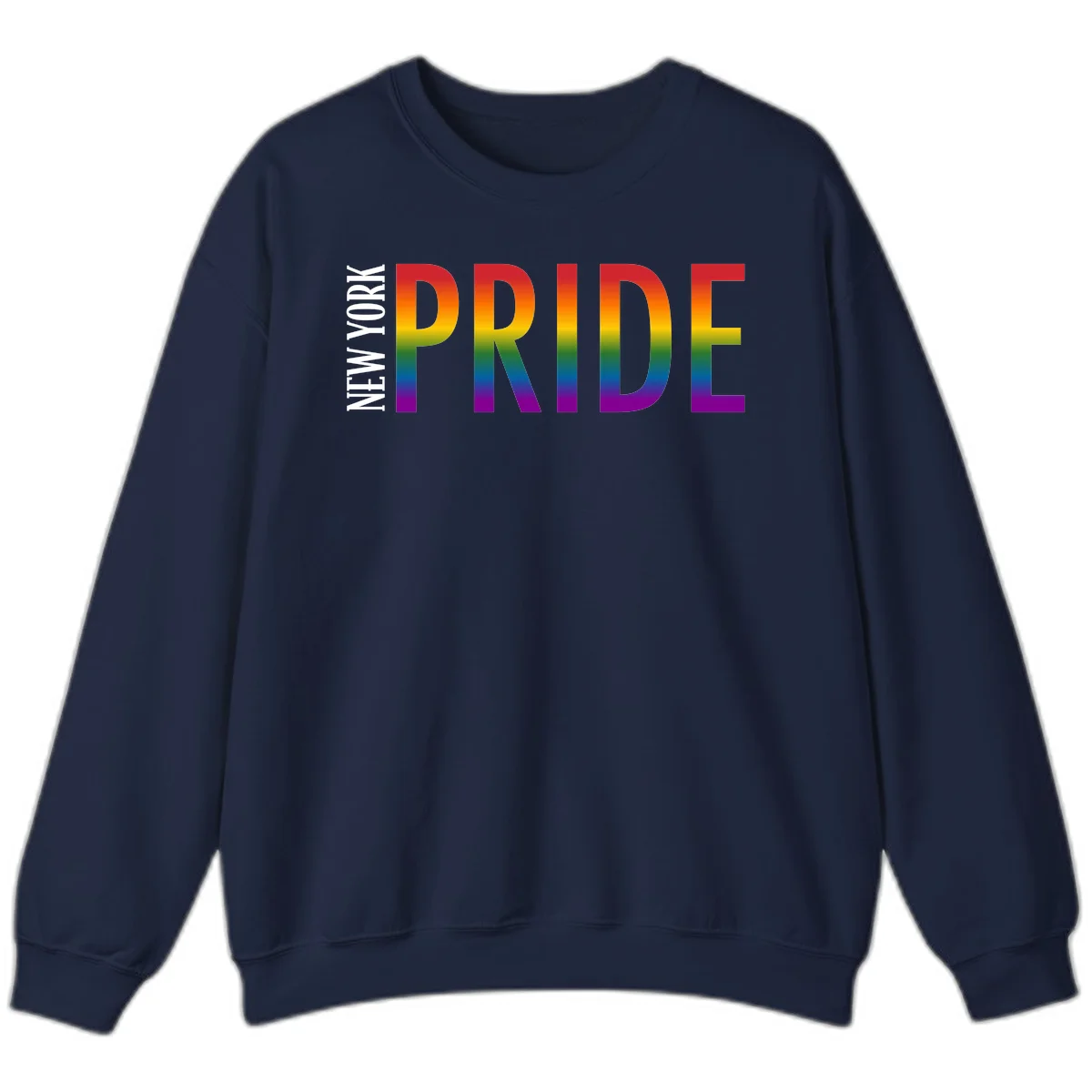 Pride rainbow gradient text design with bold letters transitioning through red, orange, yellow, green, blue, and purple spectrum colors in Navy