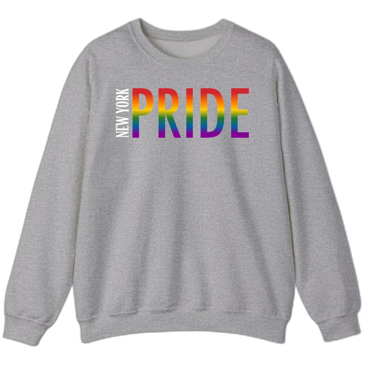 Pride rainbow gradient text design with bold letters transitioning through red, orange, yellow, green, blue, and purple spectrum colors in Sport Grey