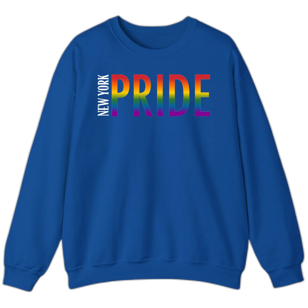 Pride rainbow gradient text design with bold letters transitioning through red, orange, yellow, green, blue, and purple spectrum colors in Royal
