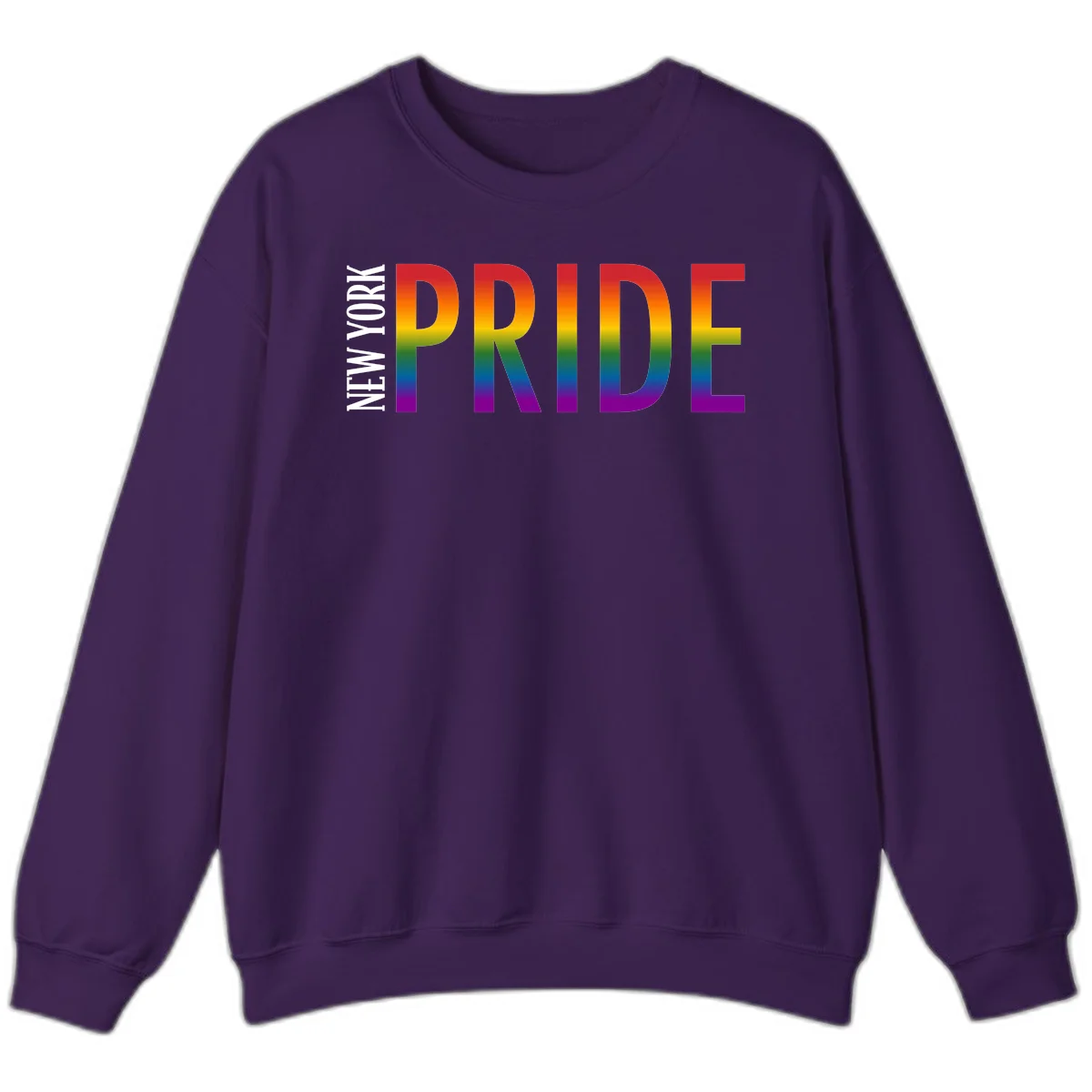 Pride rainbow gradient text design with bold letters transitioning through red, orange, yellow, green, blue, and purple spectrum colors in Purple