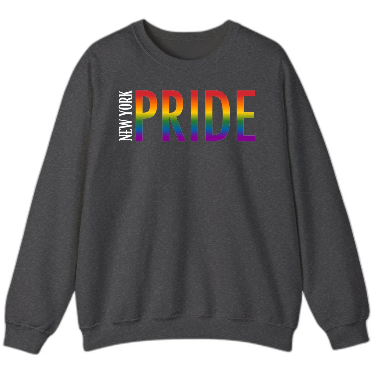 Pride rainbow gradient text design with bold letters transitioning through red, orange, yellow, green, blue, and purple spectrum colors in Dark Heather