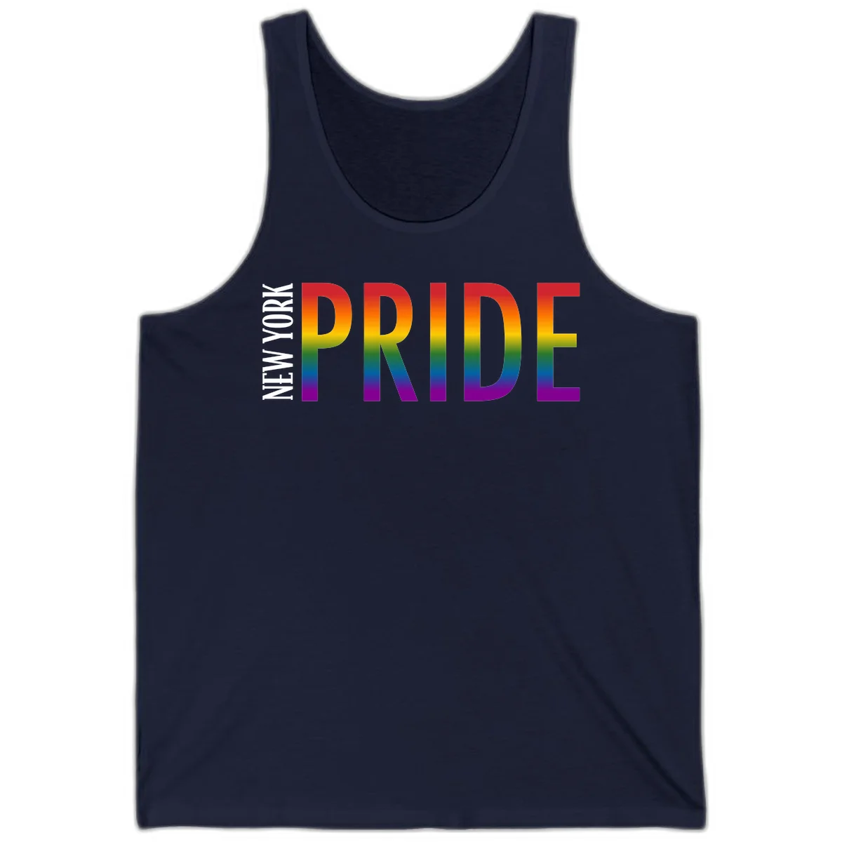 Pride rainbow gradient text design with bold letters transitioning through red, orange, yellow, green, blue, and purple spectrum colors in Navy