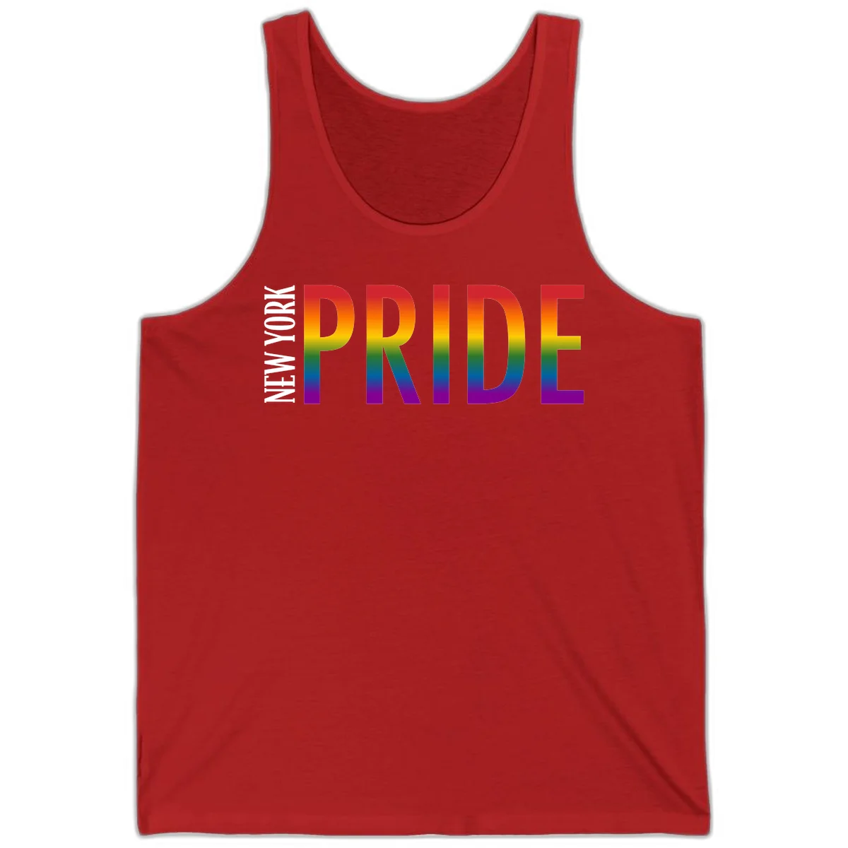 Pride rainbow gradient text design with bold letters transitioning through red, orange, yellow, green, blue, and purple spectrum colors in Red