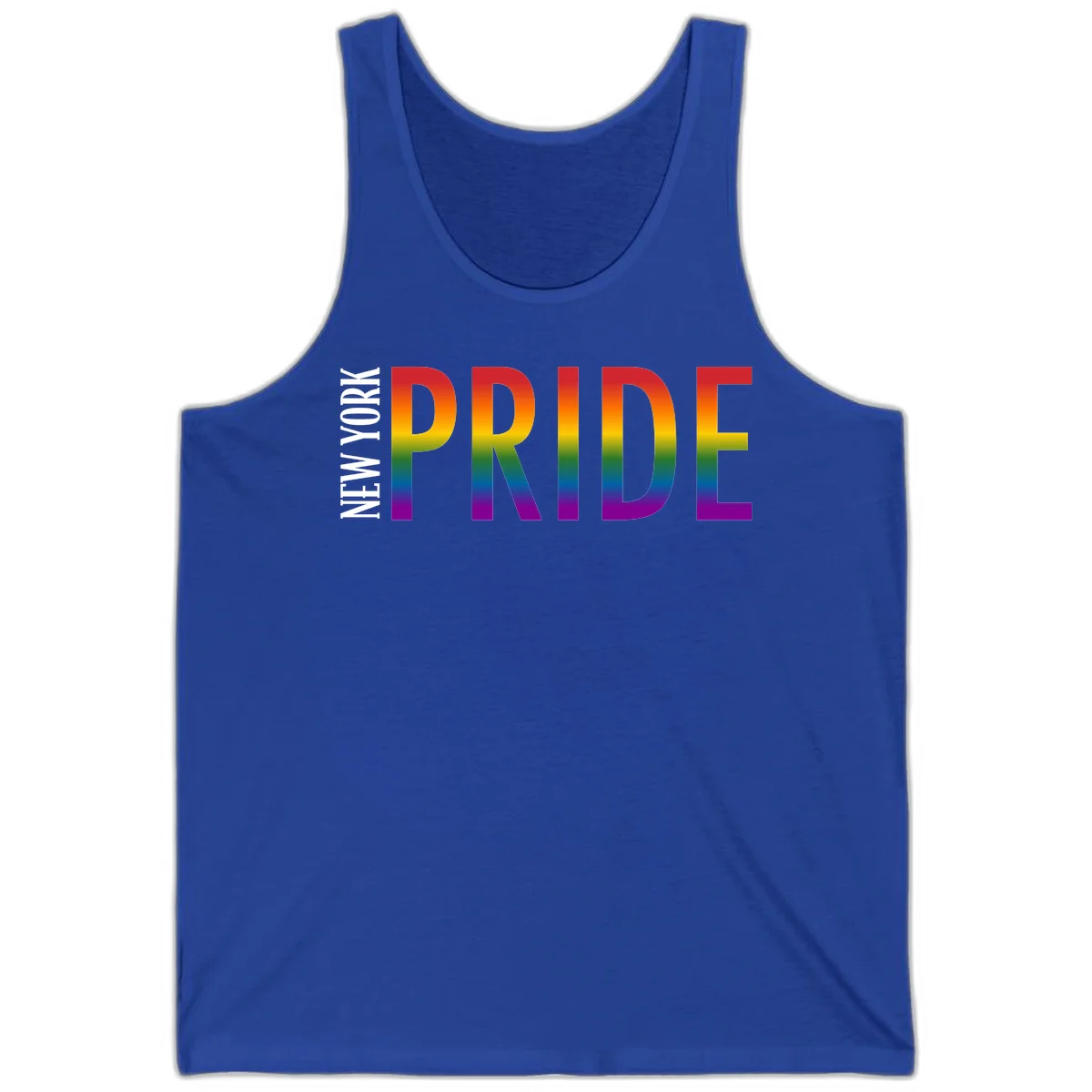 Pride rainbow gradient text design with bold letters transitioning through red, orange, yellow, green, blue, and purple spectrum colors in True Royal