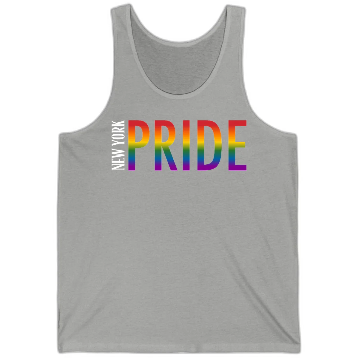 Pride rainbow gradient text design with bold letters transitioning through red, orange, yellow, green, blue, and purple spectrum colors in Athletic Heather