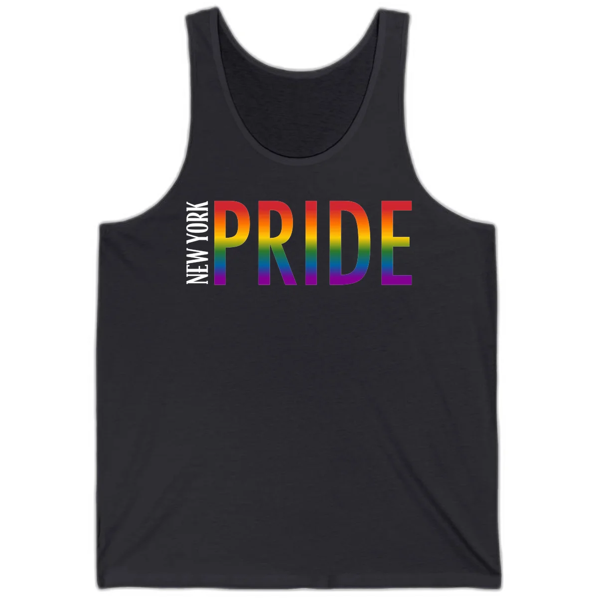 Pride rainbow gradient text design with bold letters transitioning through red, orange, yellow, green, blue, and purple spectrum colors in Dark Grey