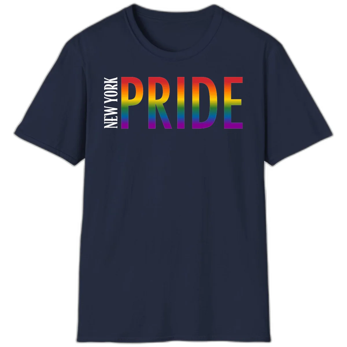 Pride rainbow gradient text design with bold letters transitioning through red, orange, yellow, green, blue, and purple spectrum colors in Navy
