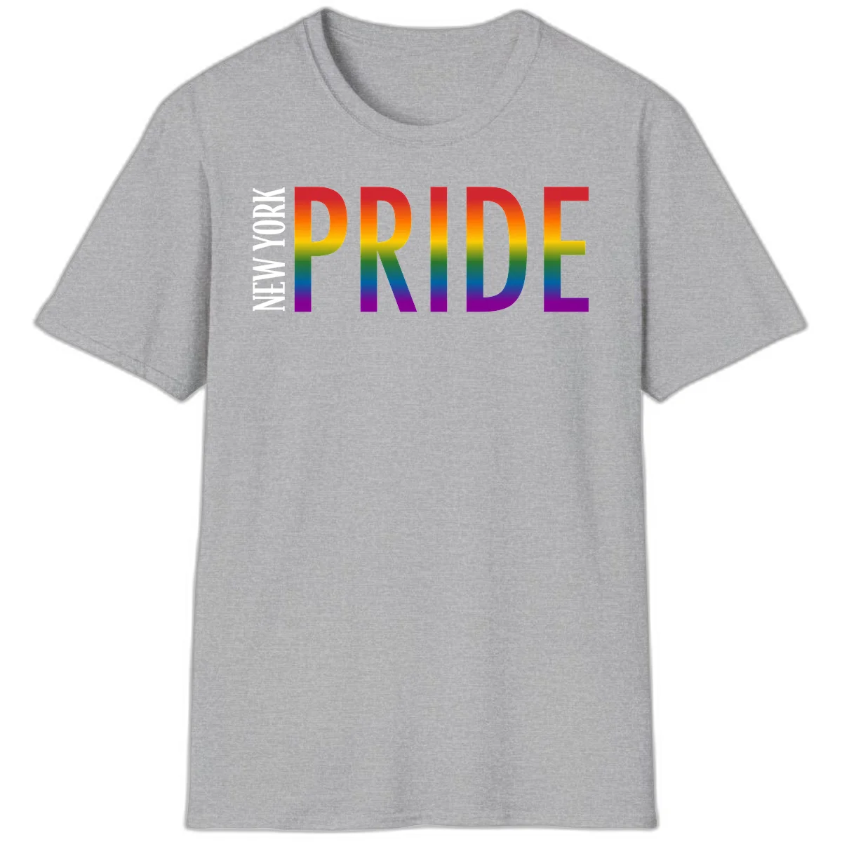 Pride rainbow gradient text design with bold letters transitioning through red, orange, yellow, green, blue, and purple spectrum colors in Sport Grey