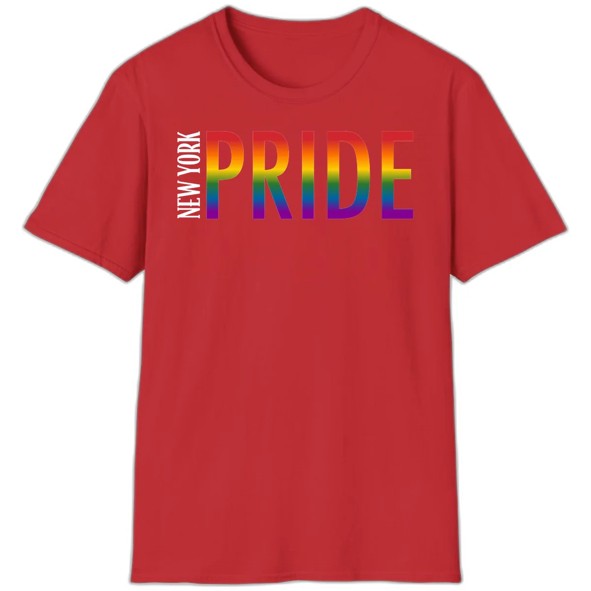 Pride rainbow gradient text design with bold letters transitioning through red, orange, yellow, green, blue, and purple spectrum colors in Red