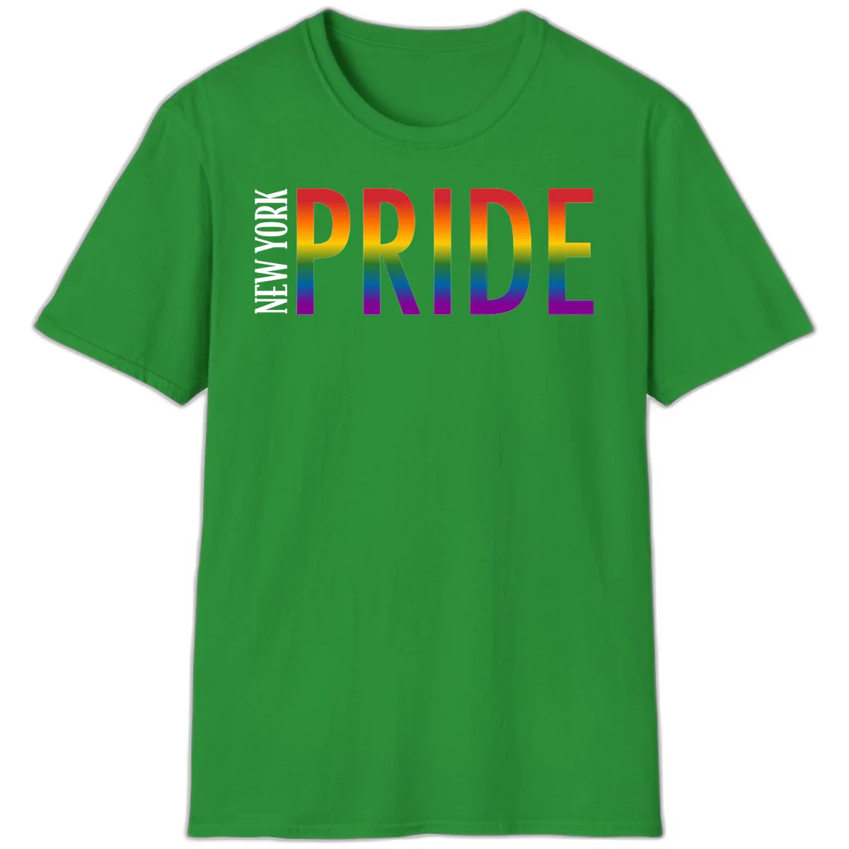Pride rainbow gradient text design with bold letters transitioning through red, orange, yellow, green, blue, and purple spectrum colors in Irish Green