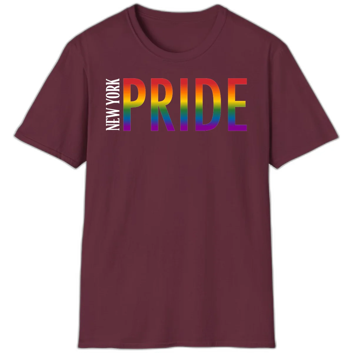 Pride rainbow gradient text design with bold letters transitioning through red, orange, yellow, green, blue, and purple spectrum colors in Maroon