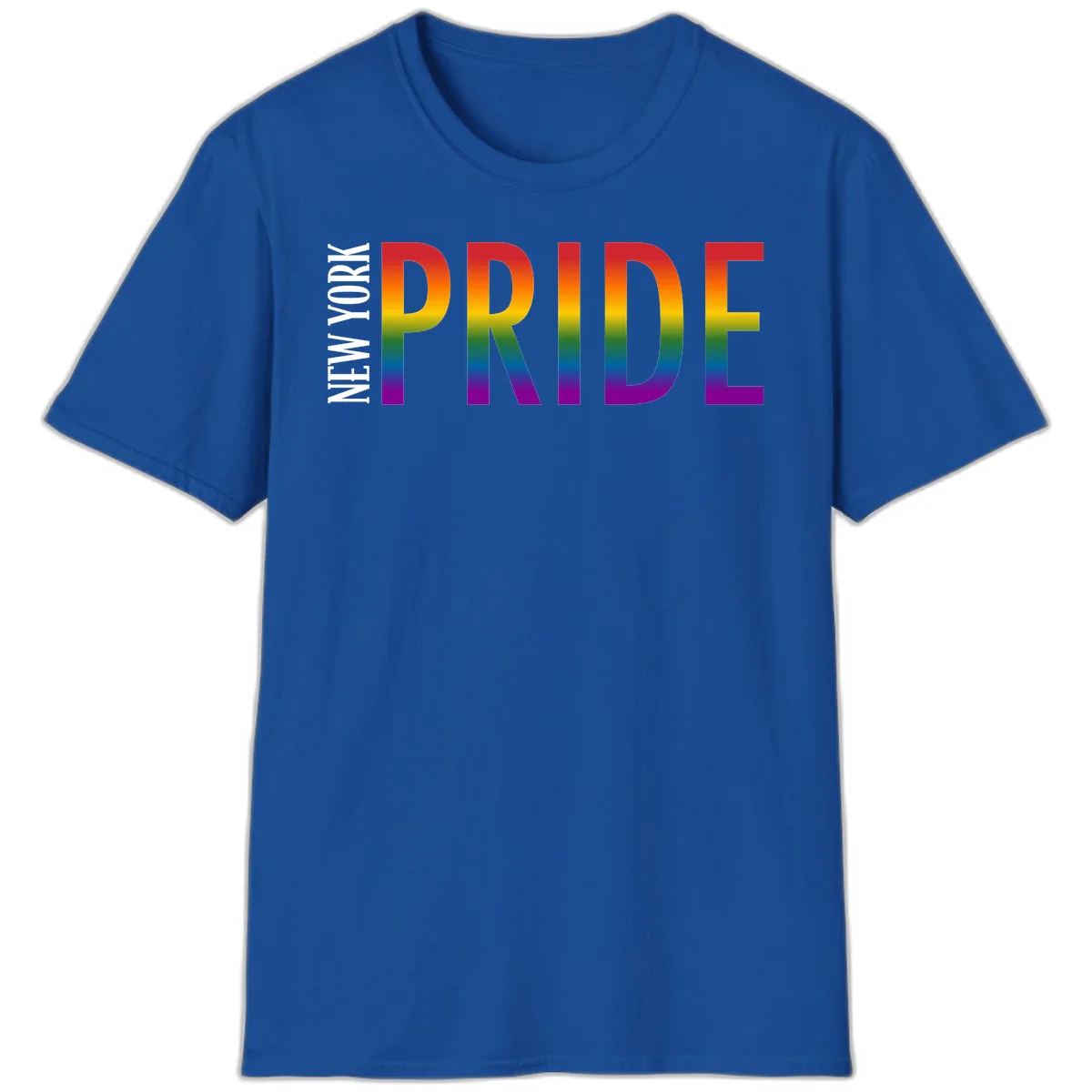 Pride rainbow gradient text design with bold letters transitioning through red, orange, yellow, green, blue, and purple spectrum colors in Royal