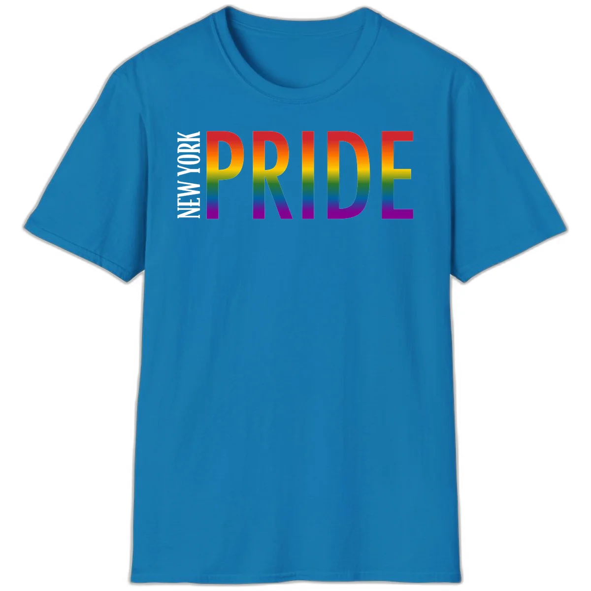 Pride rainbow gradient text design with bold letters transitioning through red, orange, yellow, green, blue, and purple spectrum colors in Sapphire