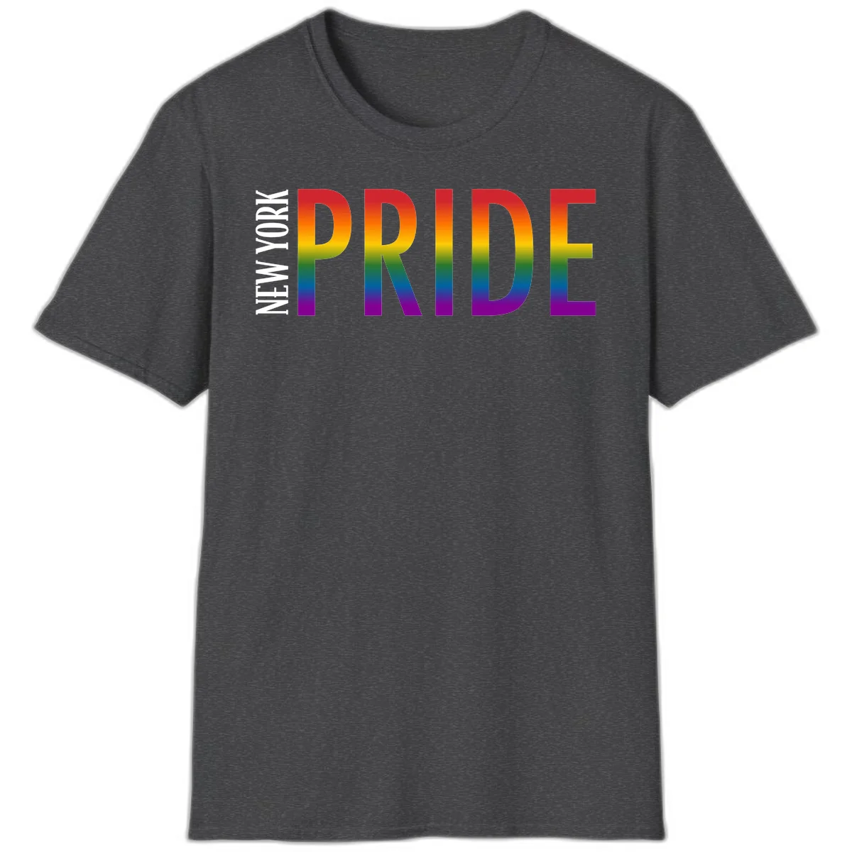 Pride rainbow gradient text design with bold letters transitioning through red, orange, yellow, green, blue, and purple spectrum colors in Dark Heather