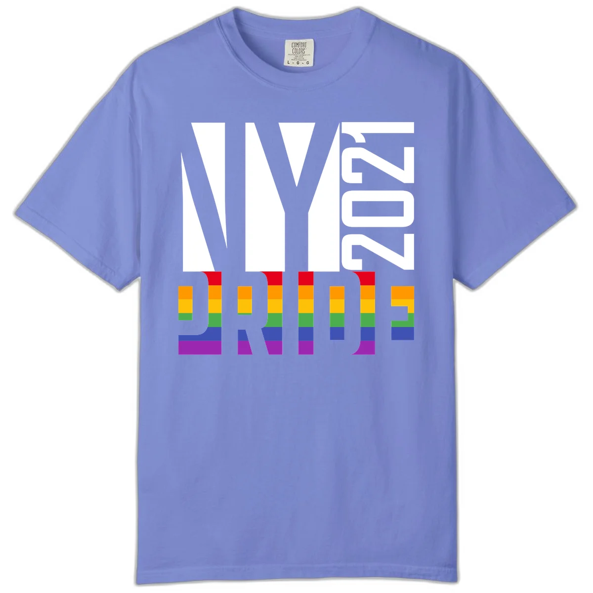 Bold 'LIVE' text integrated with rainbow pride flag stripes in red, orange, yellow, green, blue, and purple colors on gray background in Flo Blue