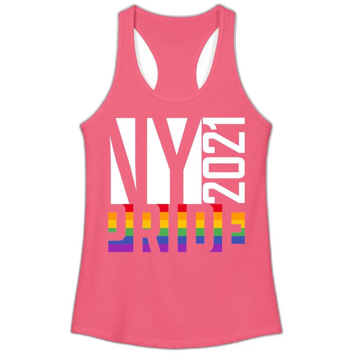 Bold 'LIVE' text integrated with rainbow pride flag stripes in red, orange, yellow, green, blue, and purple colors on gray background in Hot Pink