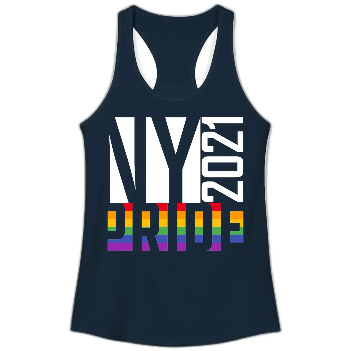 Bold 'LIVE' text integrated with rainbow pride flag stripes in red, orange, yellow, green, blue, and purple colors on gray background in Solid Midnight Navy