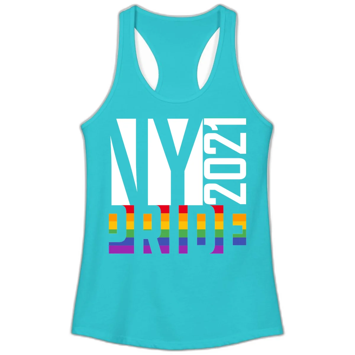 Bold 'LIVE' text integrated with rainbow pride flag stripes in red, orange, yellow, green, blue, and purple colors on gray background in Solid Tahiti Blue