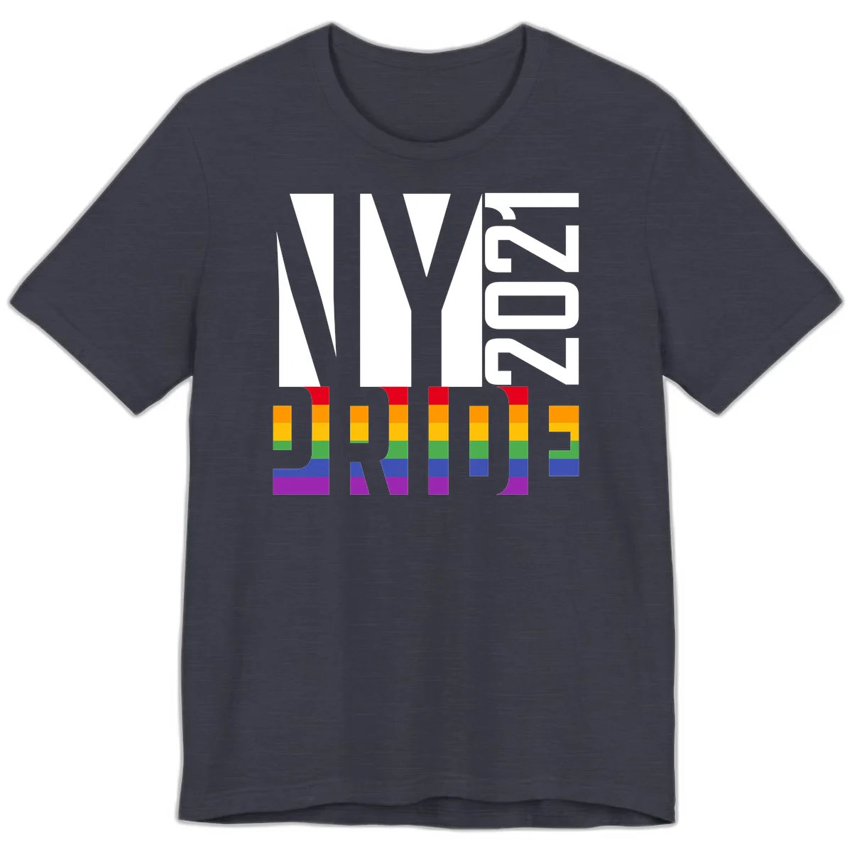 Bold 'LIVE' text integrated with rainbow pride flag stripes in red, orange, yellow, green, blue, and purple colors on gray background in Heather Midnight Navy