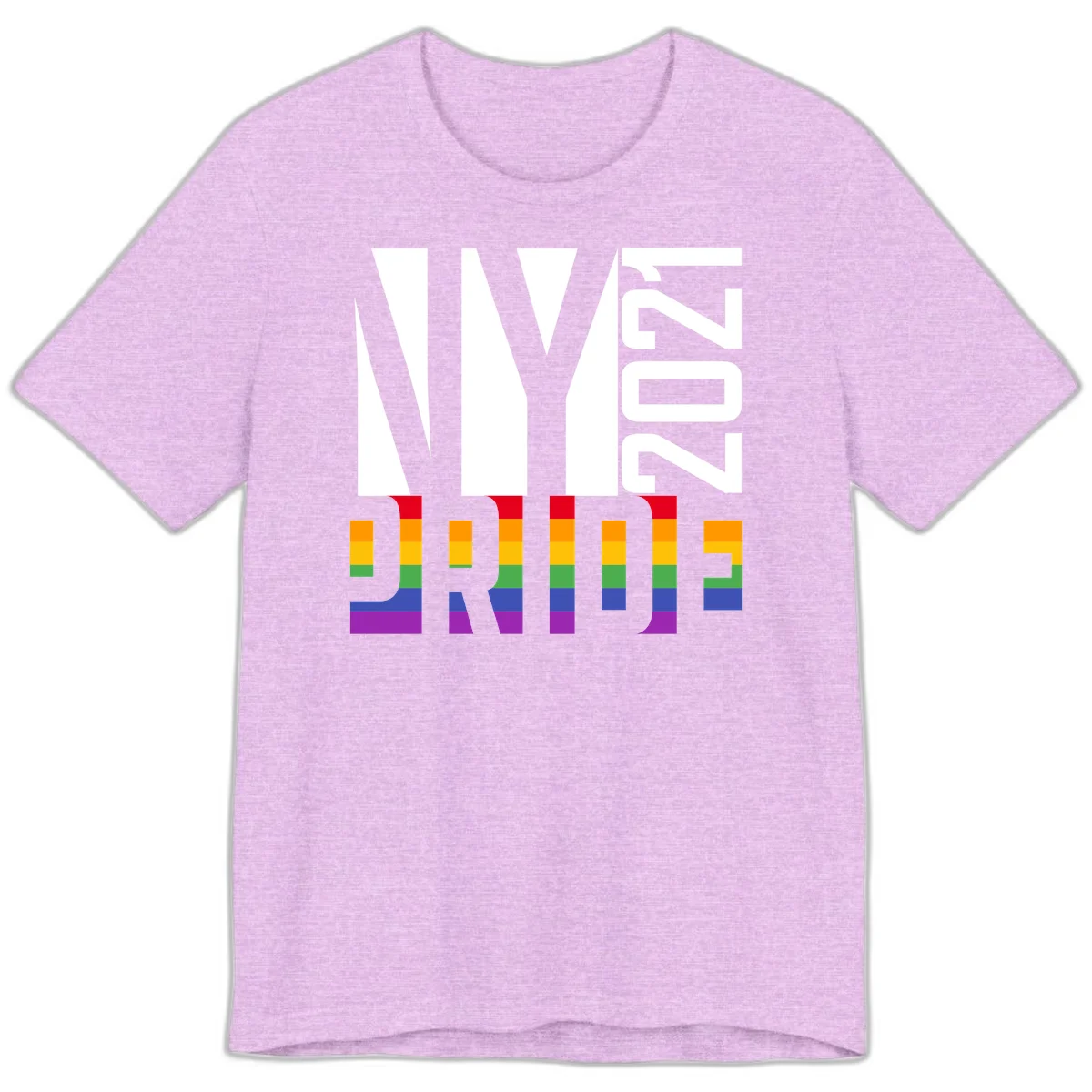 Bold 'LIVE' text integrated with rainbow pride flag stripes in red, orange, yellow, green, blue, and purple colors on gray background in Heather Prism Lilac