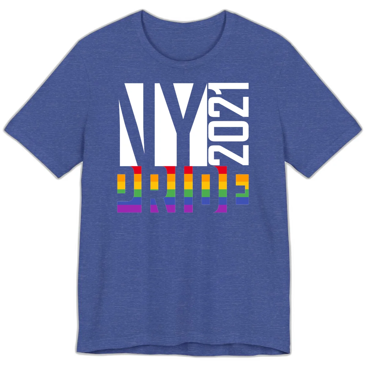 Bold 'LIVE' text integrated with rainbow pride flag stripes in red, orange, yellow, green, blue, and purple colors on gray background in Heather True Royal