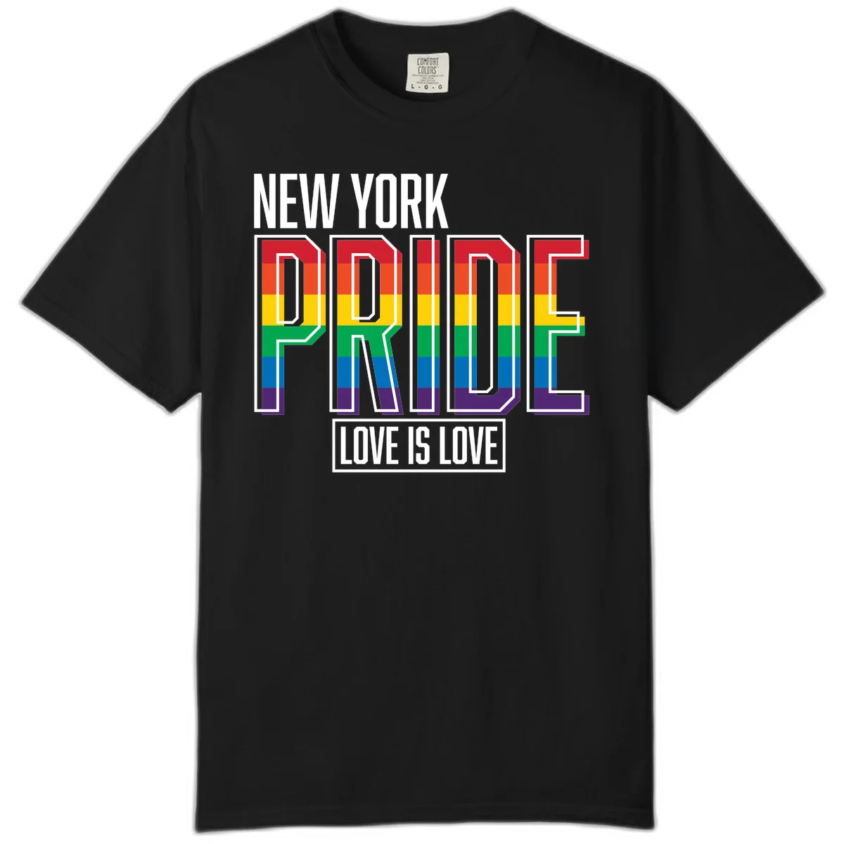 New York Pride Love Is Love design with bold rainbow-striped letters and pride flag colors on gray background in Black