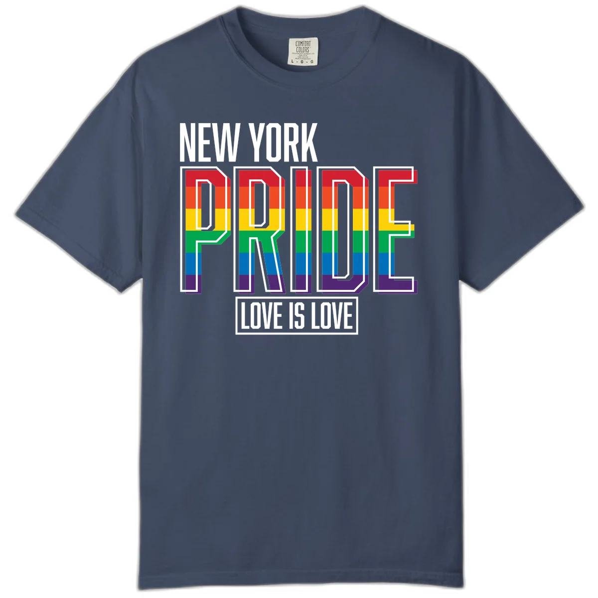 New York Pride Love Is Love design with bold rainbow-striped letters and pride flag colors on gray background in Midnight