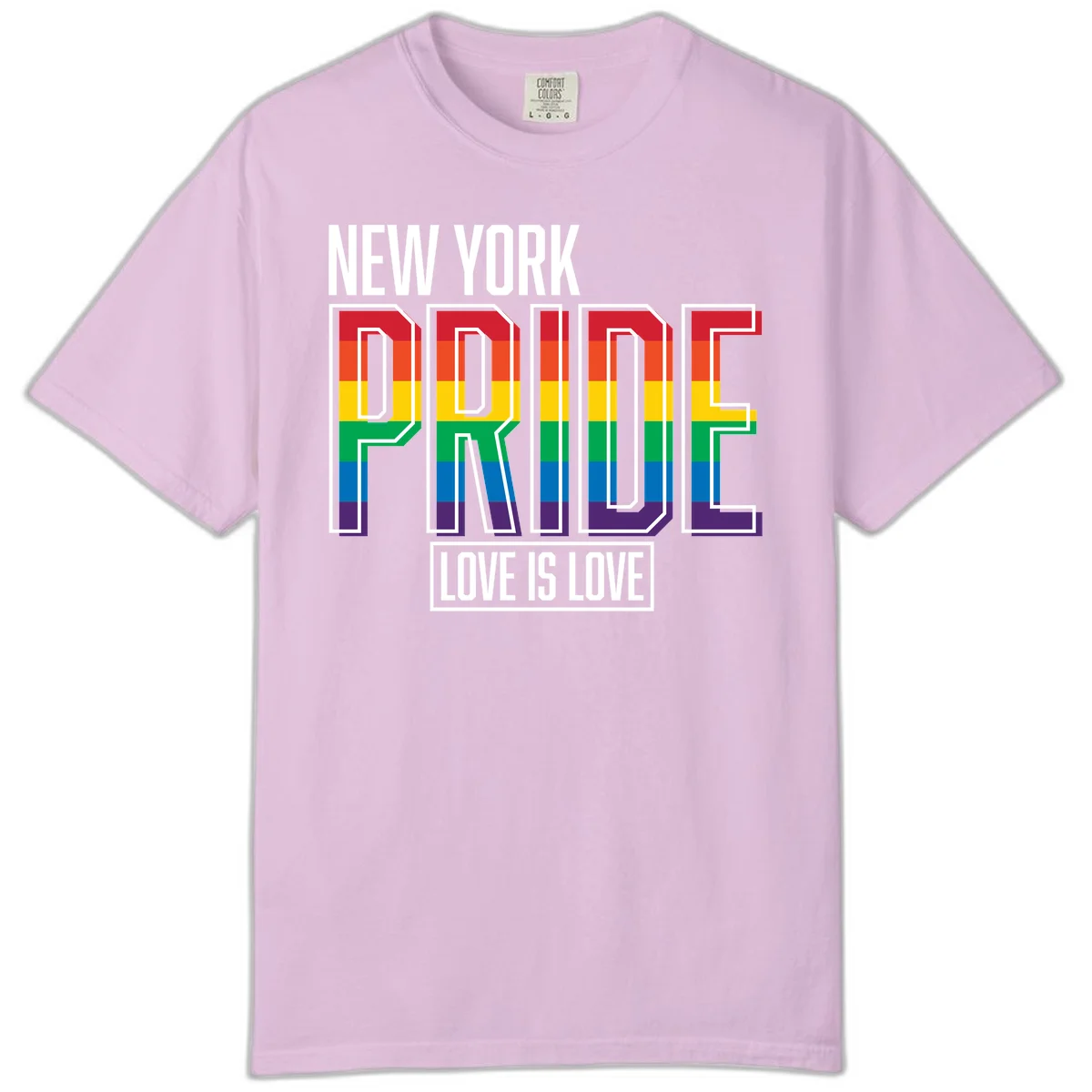 New York Pride Love Is Love design with bold rainbow-striped letters and pride flag colors on gray background in Orchid