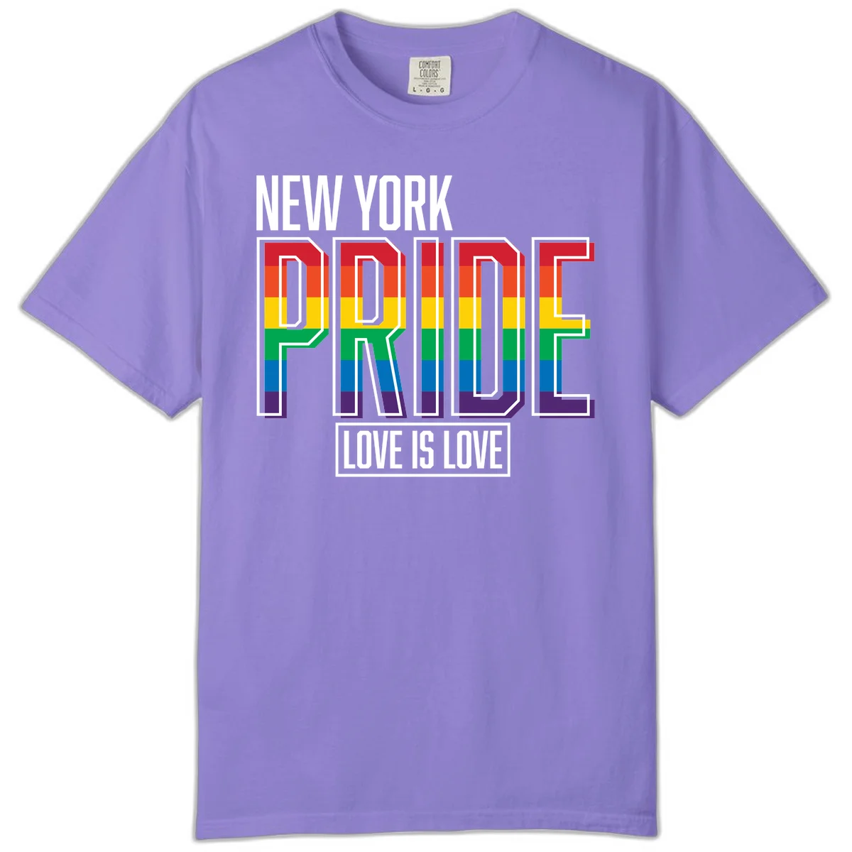 New York Pride Love Is Love design with bold rainbow-striped letters and pride flag colors on gray background in Violet