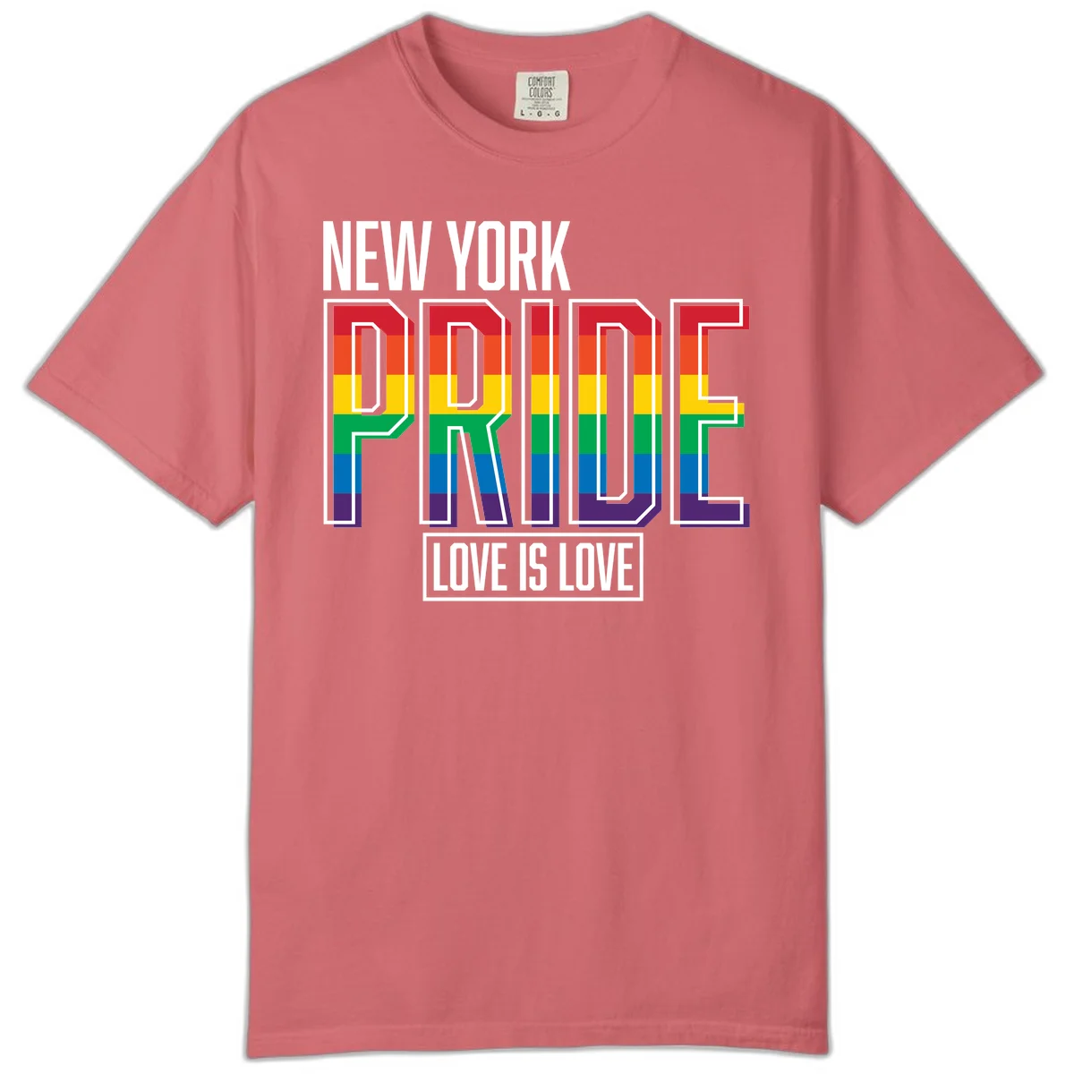 New York Pride Love Is Love design with bold rainbow-striped letters and pride flag colors on gray background in Watermelon