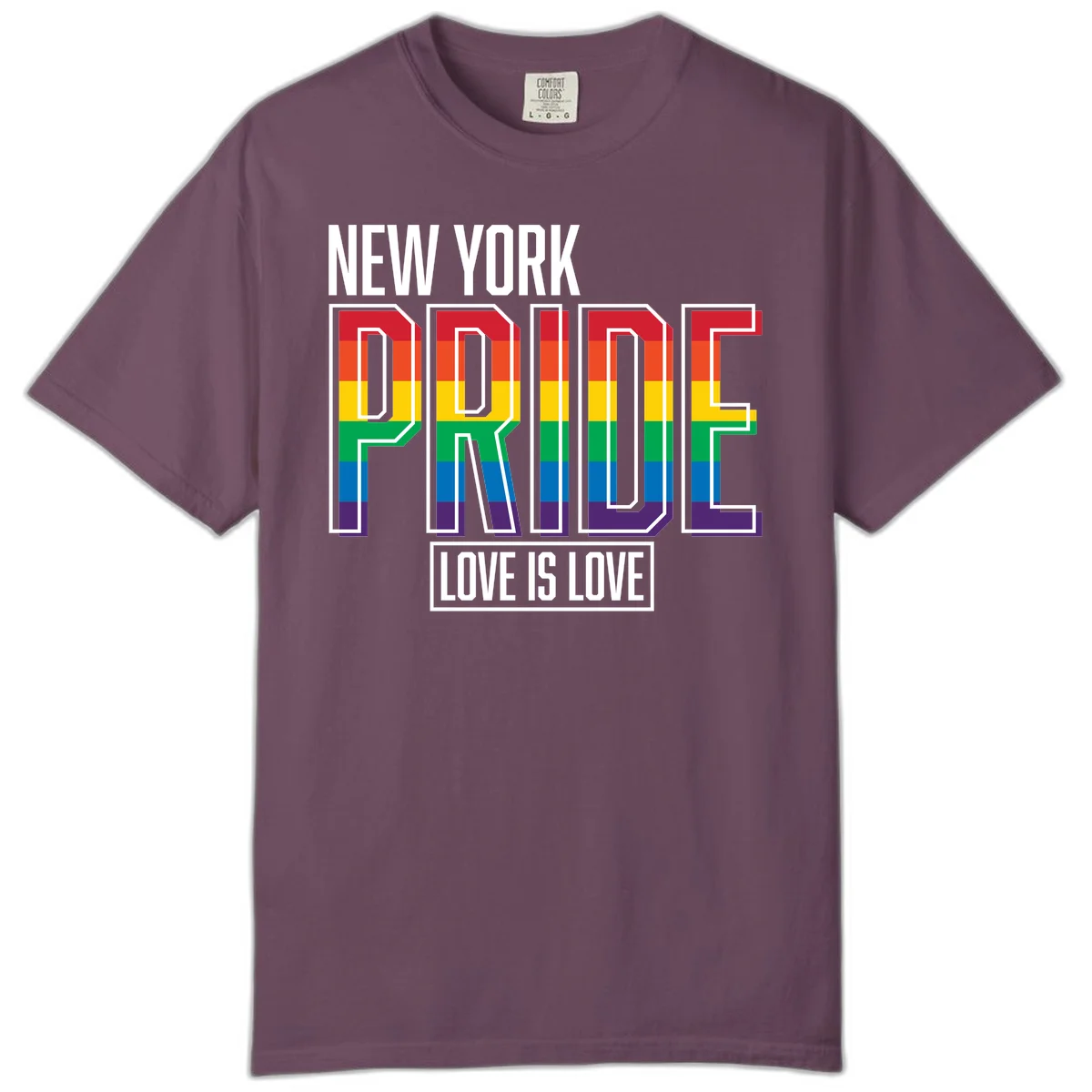 New York Pride Love Is Love design with bold rainbow-striped letters and pride flag colors on gray background in Berry