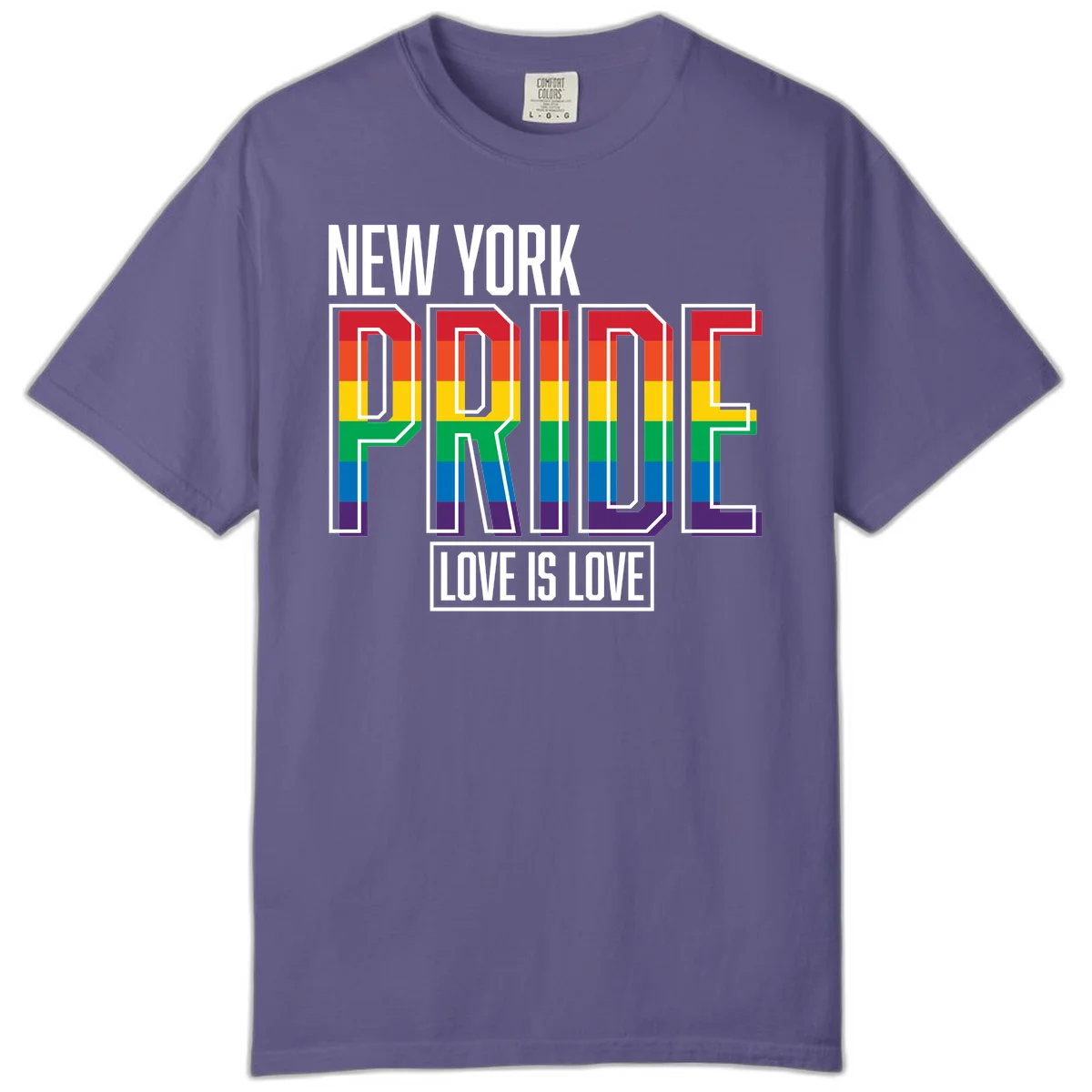 New York Pride Love Is Love design with bold rainbow-striped letters and pride flag colors on gray background in Grape