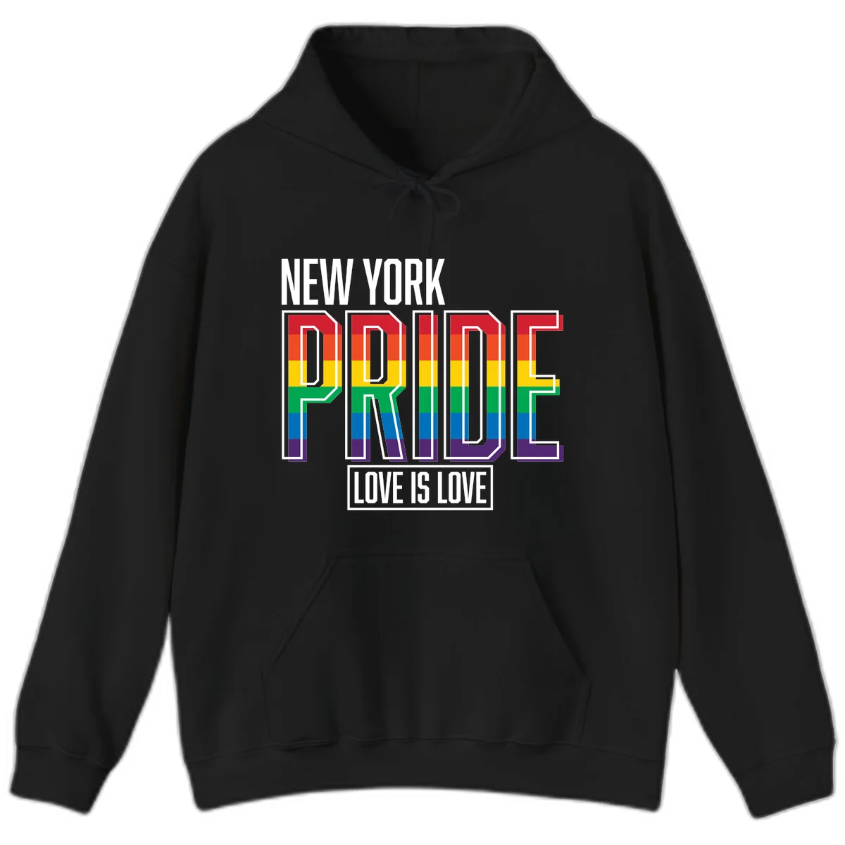 New York Pride Love Is Love design with bold rainbow-striped letters and pride flag colors on gray background in Black
