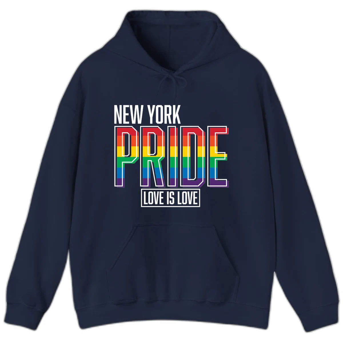 New York Pride Love Is Love design with bold rainbow-striped letters and pride flag colors on gray background in Navy