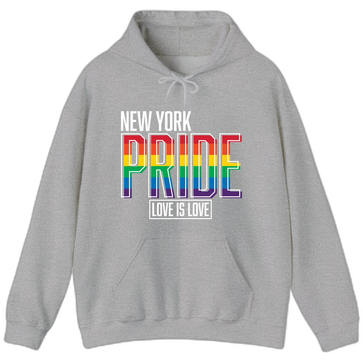 New York Pride Love Is Love design with bold rainbow-striped letters and pride flag colors on gray background in Sport Grey