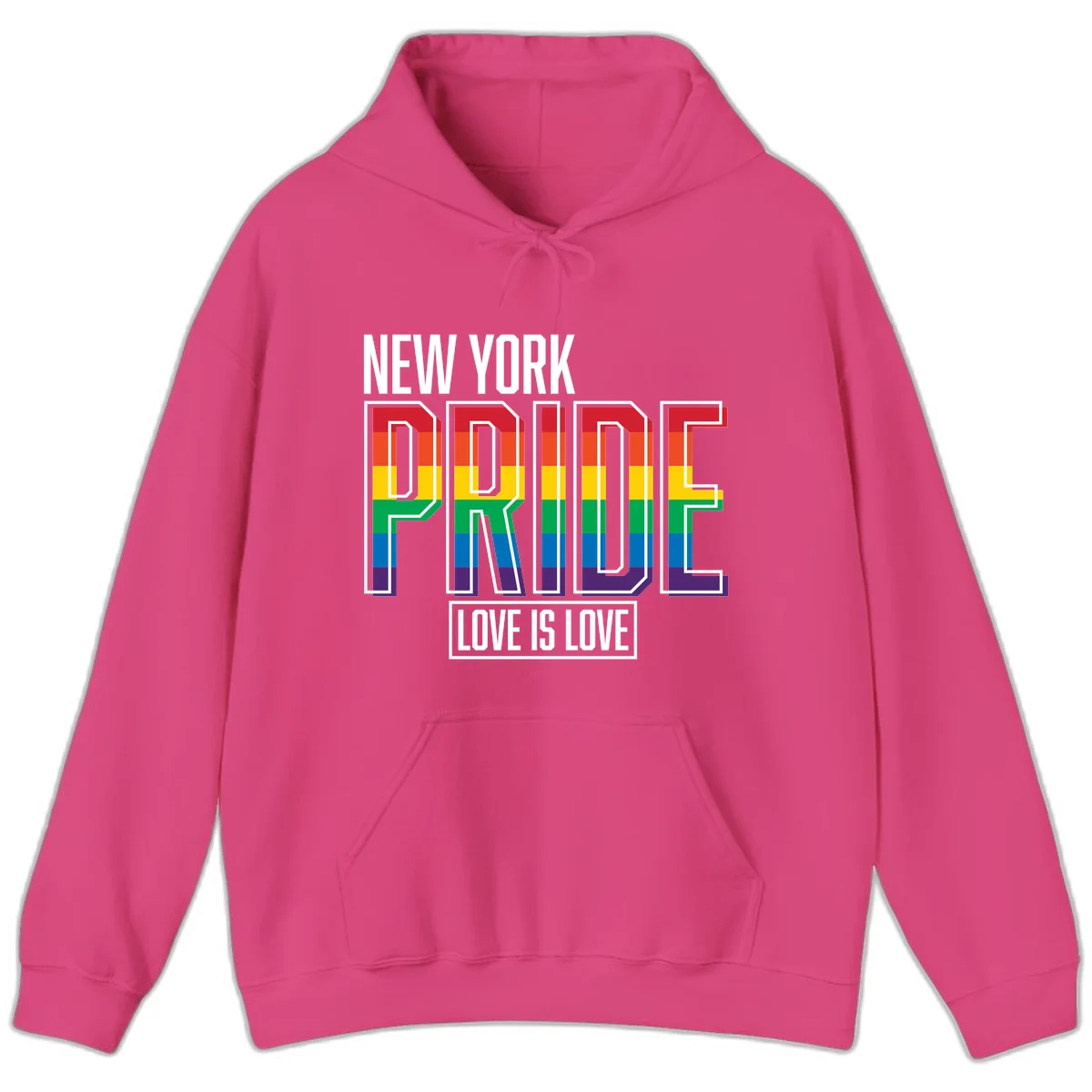 New York Pride Love Is Love design with bold rainbow-striped letters and pride flag colors on gray background in Heliconia