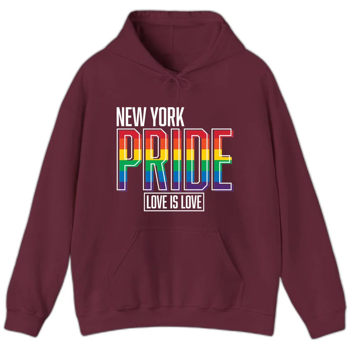 New York Pride Love Is Love design with bold rainbow-striped letters and pride flag colors on gray background in Maroon
