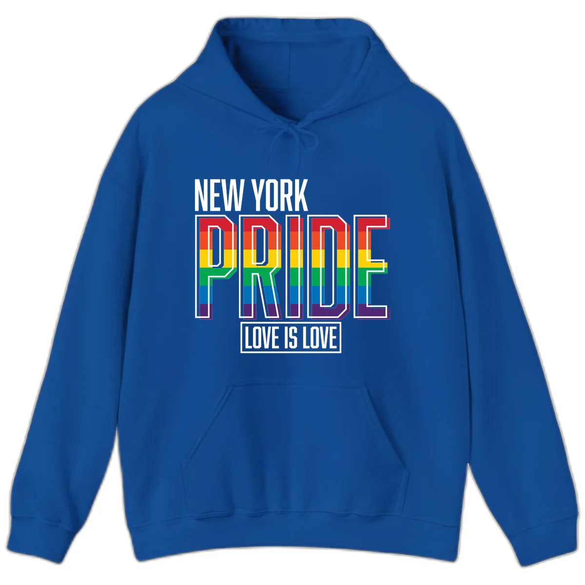 New York Pride Love Is Love design with bold rainbow-striped letters and pride flag colors on gray background in Royal