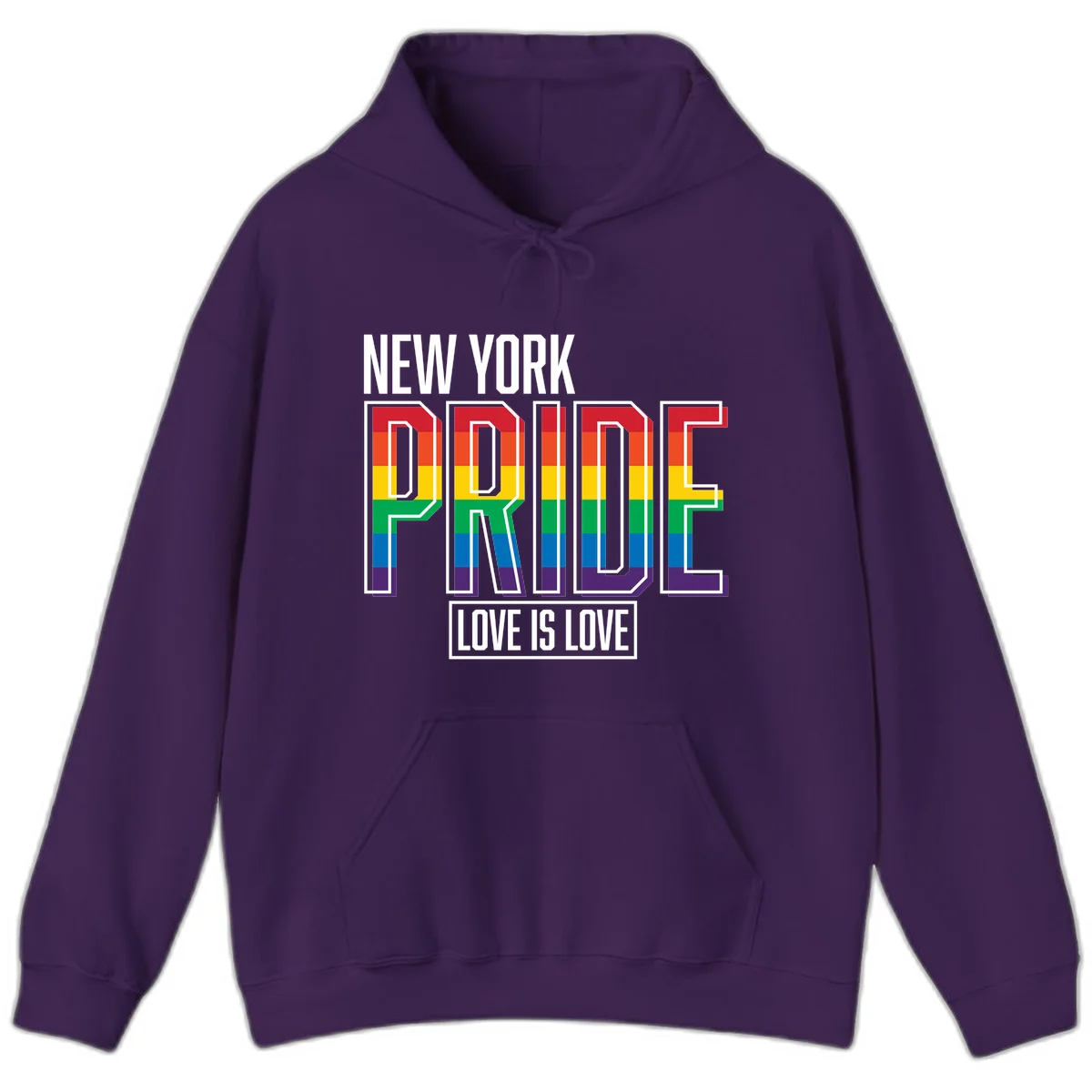 New York Pride Love Is Love design with bold rainbow-striped letters and pride flag colors on gray background in Purple
