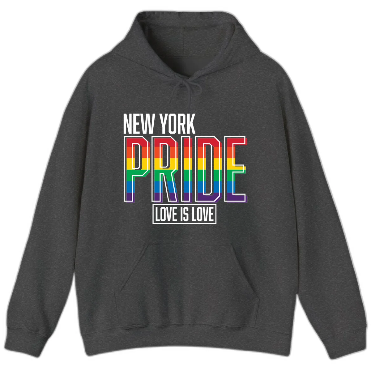 New York Pride Love Is Love design with bold rainbow-striped letters and pride flag colors on gray background in Dark Heather