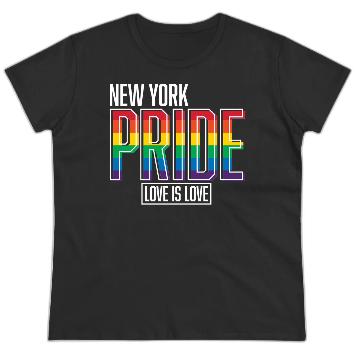 New York Pride Love Is Love design with bold rainbow-striped letters and pride flag colors on gray background in Black