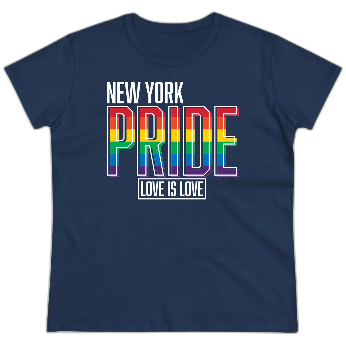 New York Pride Love Is Love design with bold rainbow-striped letters and pride flag colors on gray background in Navy
