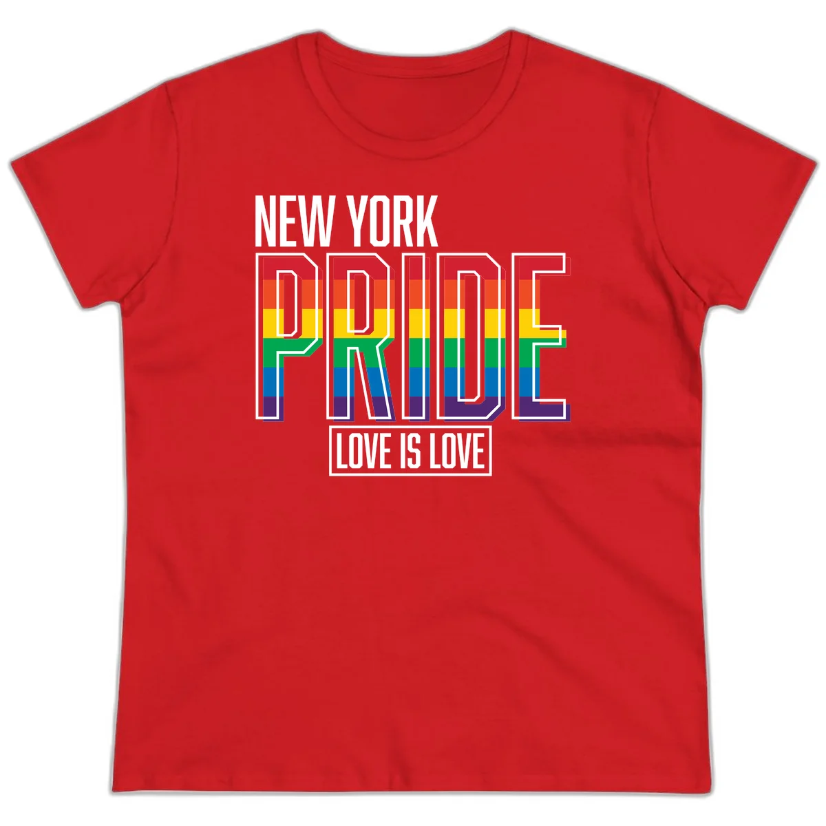 New York Pride Love Is Love design with bold rainbow-striped letters and pride flag colors on gray background in Red