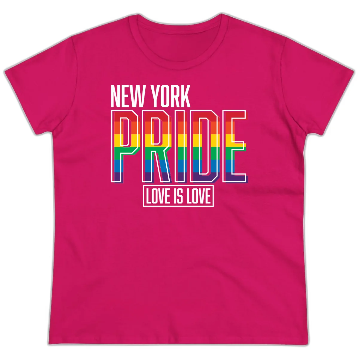 New York Pride Love Is Love design with bold rainbow-striped letters and pride flag colors on gray background in Heliconia