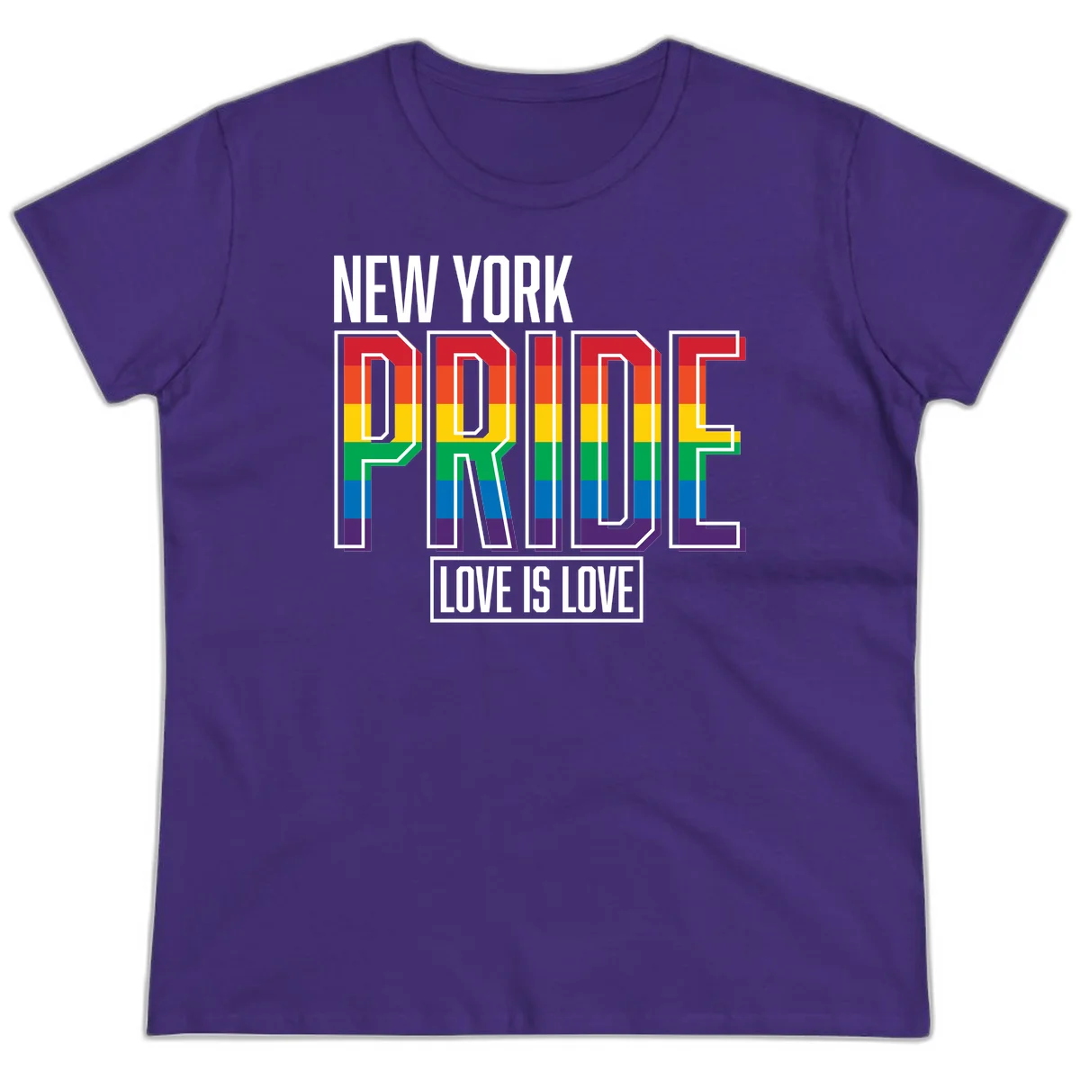 New York Pride Love Is Love design with bold rainbow-striped letters and pride flag colors on gray background in Purple
