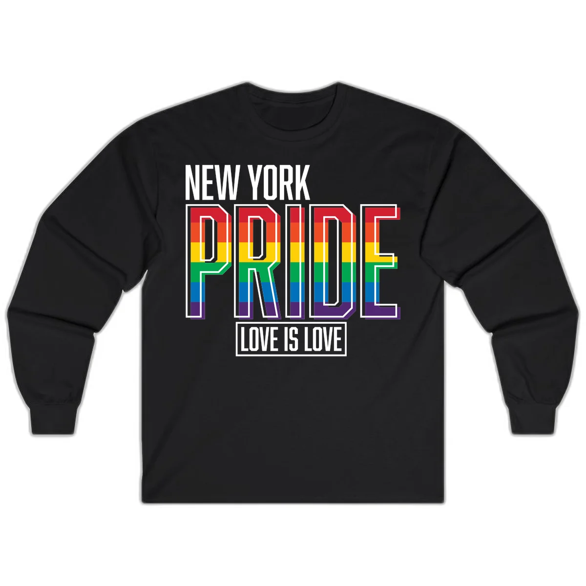 New York Pride Love Is Love design with bold rainbow-striped letters and pride flag colors on gray background in Black