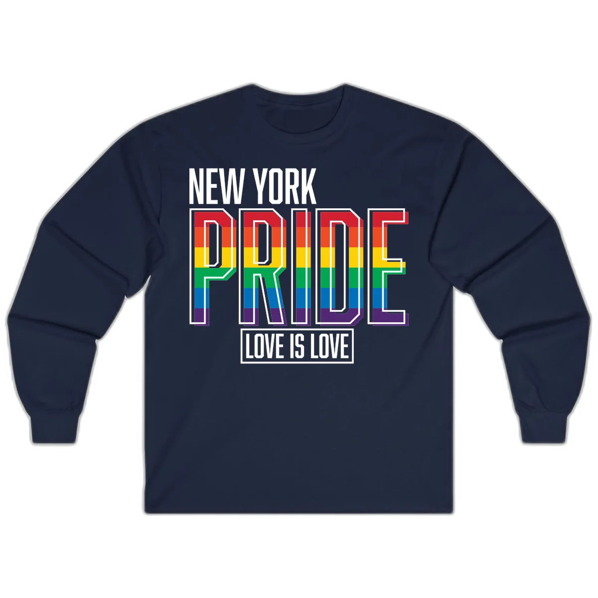 New York Pride Love Is Love design with bold rainbow-striped letters and pride flag colors on gray background in Navy
