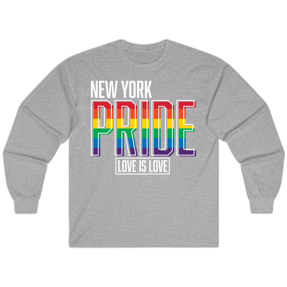 New York Pride Love Is Love design with bold rainbow-striped letters and pride flag colors on gray background in Sport Grey